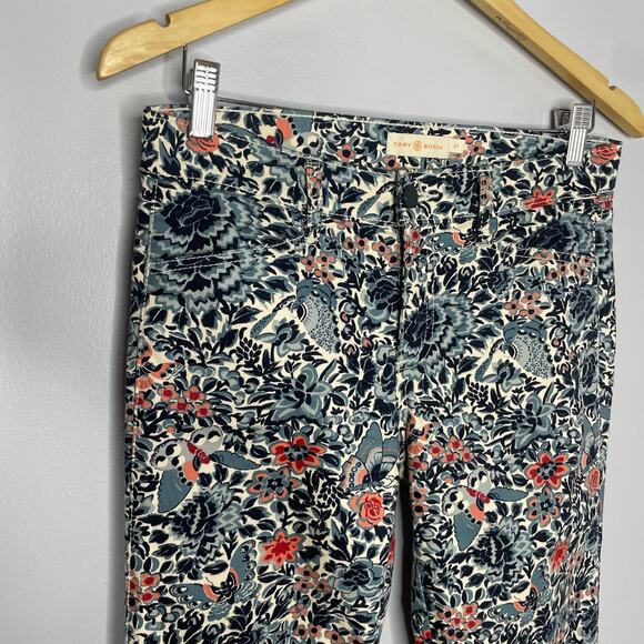 Tory Burch Floral Print Cropped Skinny Jenas Logo Buttons - Picture 3 of 11